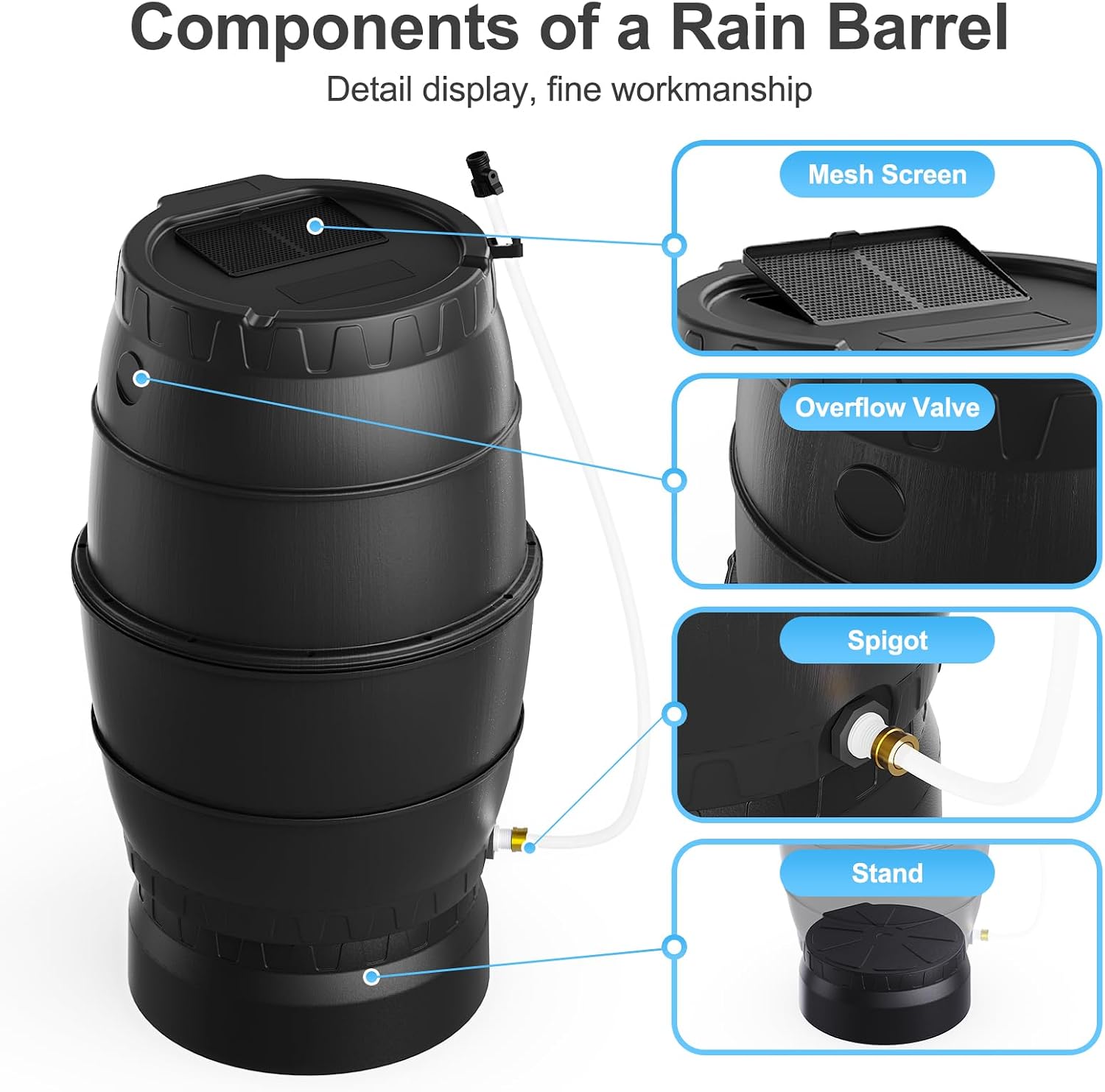 45ガロン雨水タンク貯水容器、雨どい排水口用の高架スタンド付 - Screen Top Mesh のレビューと価格